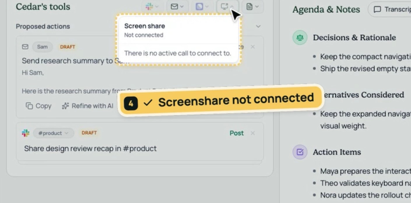 A Powerplant demo highlighting a “Screenshare not connected” notification in a product interface.